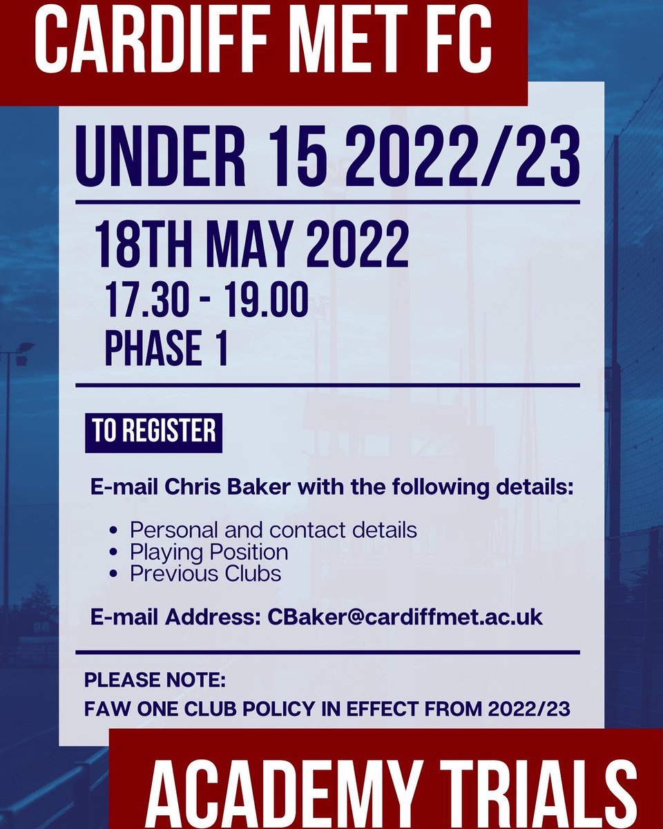 CardiffMetFC's tweet photo. Want to join Cardiff Met FC Academy?

There are trials for select age groups (2022/23):
U12 + U14s + U15s + U16s

Trials are based on next season's (2022/23) age groups (if you’re currently Under 13s, you register and attend the Under 14s trial). https://t.co/71BzMW2lQF