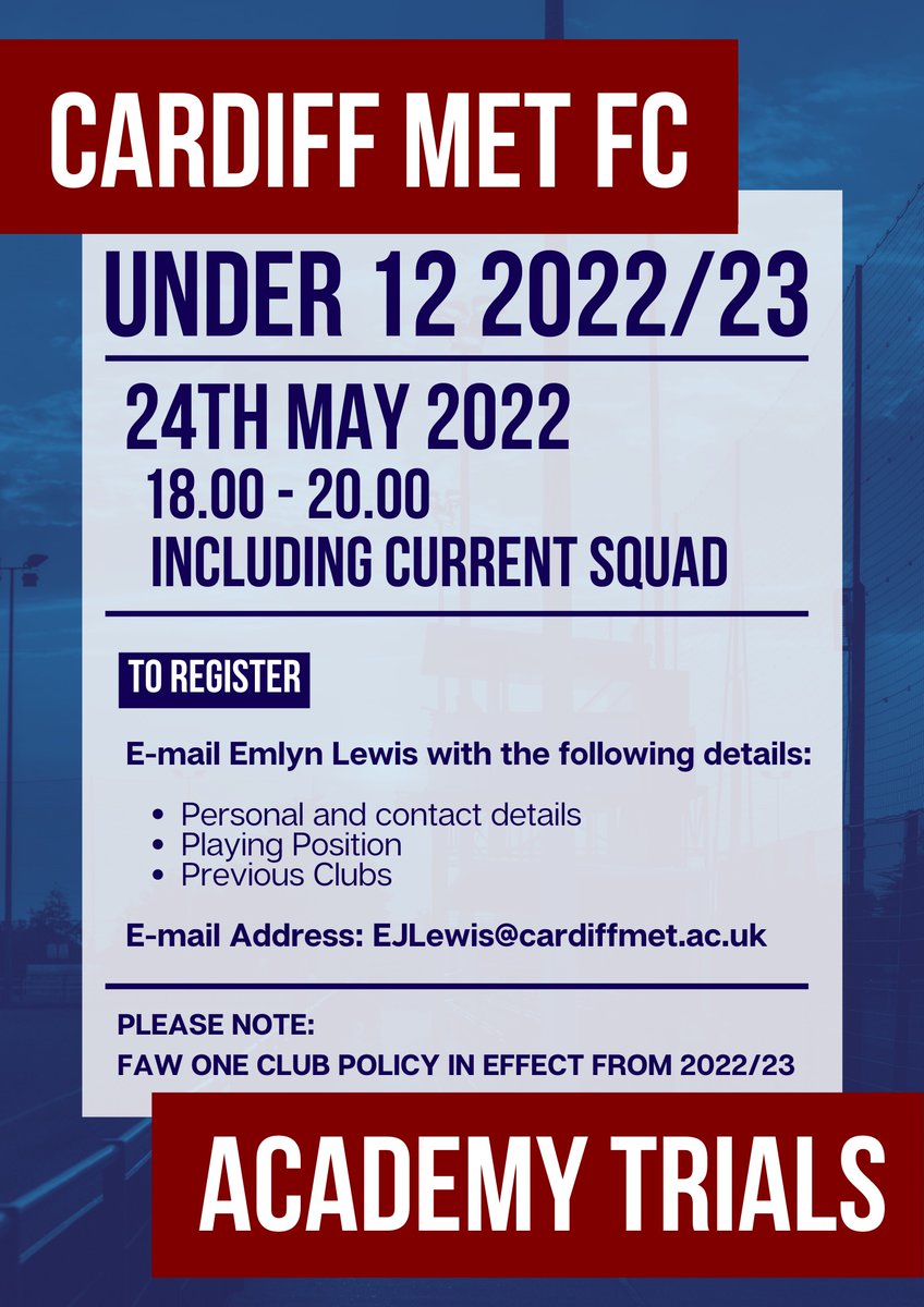 CardiffMetFC's tweet photo. Want to join Cardiff Met FC Academy?

There are trials for select age groups (2022/23):
U12 + U14s + U15s + U16s

Trials are based on next season's (2022/23) age groups (if you’re currently Under 13s, you register and attend the Under 14s trial). https://t.co/71BzMW2lQF