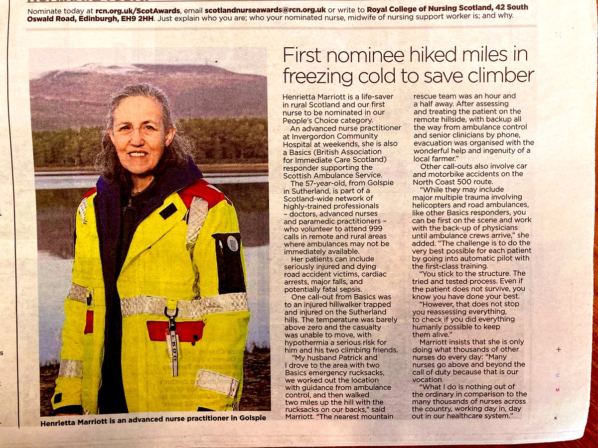 Great to see one of our amazing volunteer responders in the @Sunday_Post !
Henrietta has been nominated for the @theRCN awards!

And a lovely photo of her sporting a @Sandpiper_Trust PPE Jacket as well!
#NursesInPHEM #EMS #Prehospital #Nominated #InternationalNursesDay2022