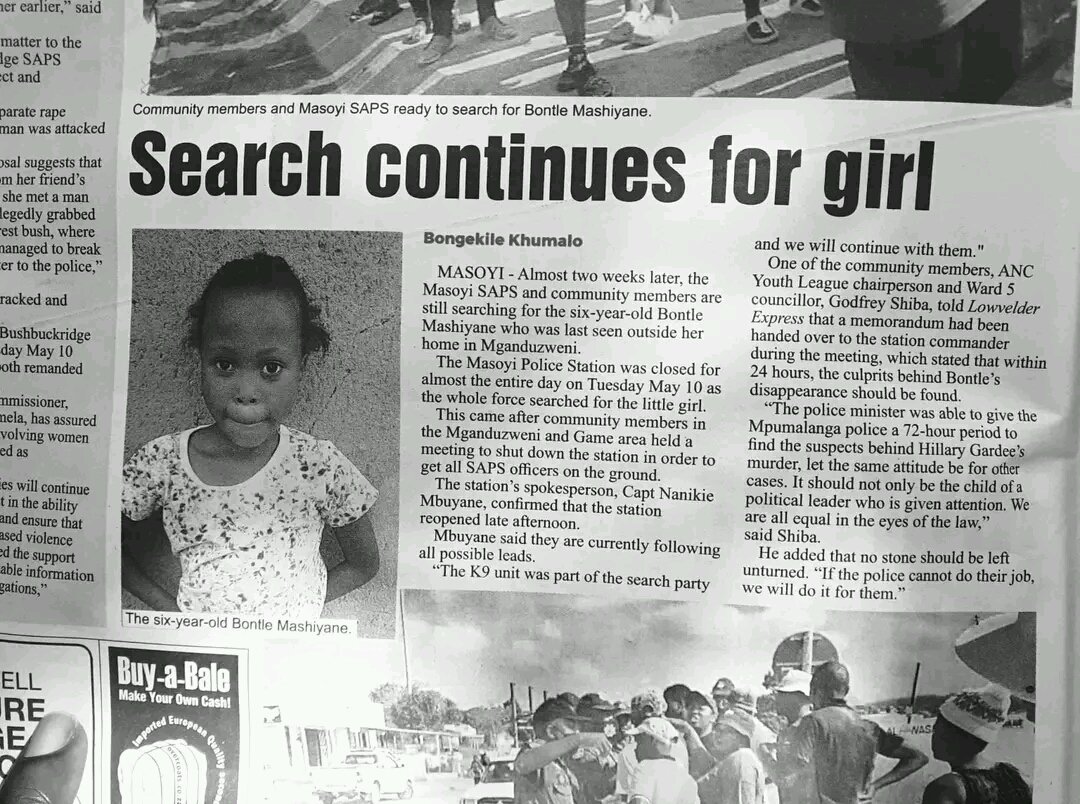 joy_zelda's tweet photo. 6 year old Bontle Mashiyane has been missing for two weeks now 💔💔
Retweet Pls To Help Find Her

Somizi
Andile 
Mihlali 
Adv Teffo 
Kelly 
Minnie 
MacG 
Uncle Waffles 
Mogale
Nhlanhla Lux 
#OperationDudula 
Bonang https://t.co/Cx5qHfOF6s