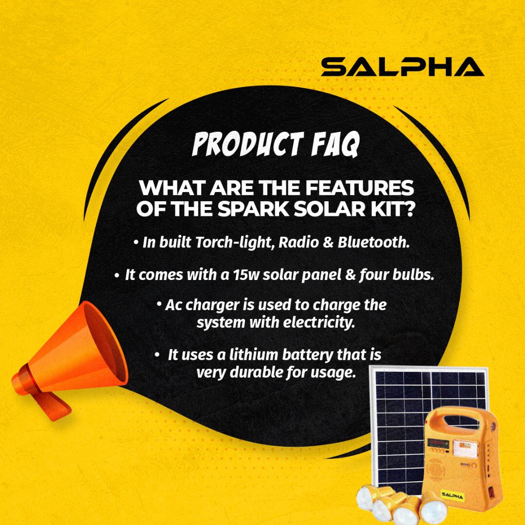 SalphaEnergy's tweet photo. Based on this week’s review we all need to know that the salpha SPARK ⚡solar kit gives you no dull moment in your home and business and is portable.
#Salpha #Solar #SolarForThePeople #solarenergy #Sdgs #Mdgs #CleanEnergy #EnergyAcess #SolarPanels #Lagos #SolarStartups⚡️ https://t.co/EoiNWuTDGR