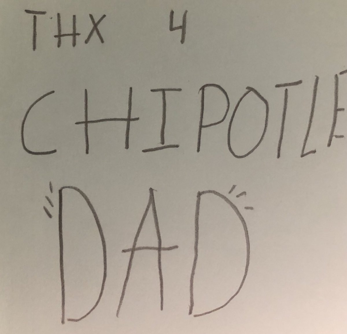 msanderson_MACo's tweet photo. Got this nice note from my daughter. ❤️

So, the way *my* brain works is to zoom right past the obvious “new super hero concept” and directly to “Twisted Tune, sung to Rocket Man” and now that’s in your head too, #yourewelcome #earworm #writesitself ⁦@ChipotleTweets⁩ https://t.co/wt4gB8xkHl