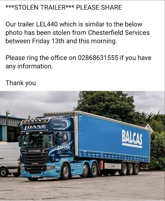 TruckingJobsUK's tweet photo. STOLEN TRAILER: LEL440 from Chesterfield area. If seen call 02868 631555 https://t.co/i0DUroADWn #HGVcrime #Loadtheft https://t.co/YoGj9kLC2j