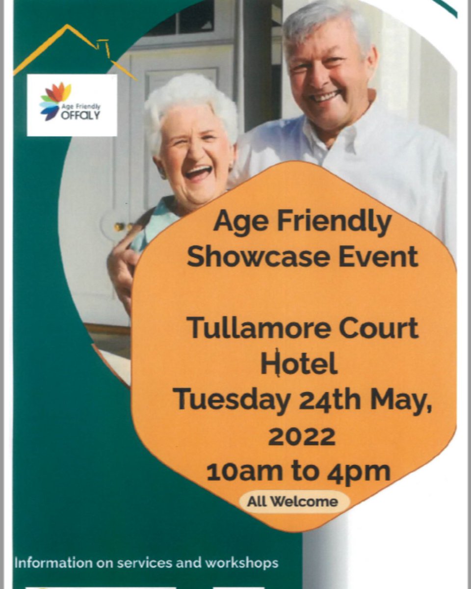 offalycoco's tweet photo. 📢#SaveTheDate 24th May 2022 #AgeFriendlyOffaly in Tullamore Court Hotel from 10am to 4pm.
This #AgeFriendly event includes ➡️Dental Hospital, ➡️HSE Frailty Team and ➡️Guidance on Making a Will.
More to follow including entertainment update!
@offaly_ppn @HSELive @AgeFriendlyIrl https://t.co/iFi37lrvLM