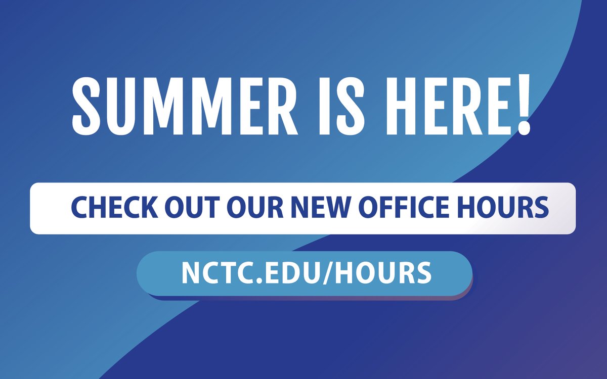 CCatNCTC's tweet photo. Reminder! NCTC Summer Hours begin this week!!
.
Click the link here to see the new hours: https://t.co/pnxJmDRKjT
.
#summer #newhours #may #lifeatNCTC #lionpride #NCTC #careerservices https://t.co/jxNSAQWfy1