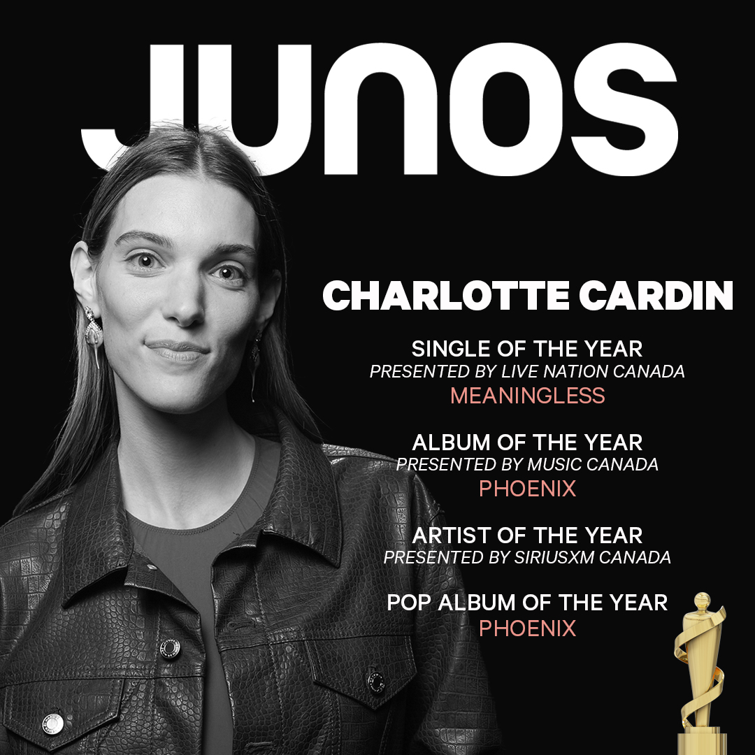 TheJUNOAwards's tweet photo. .@CharlotteCardin garnered a total of FOUR JUNO Awards this year, including Single of the Year Presented by @LiveNationON, Album of the Year Presented by @music_canada, Artist of the Year Presented by @siriusxmcanada and Pop Album of the Year. 

Congratulations! https://t.co/HLvxEBpHld