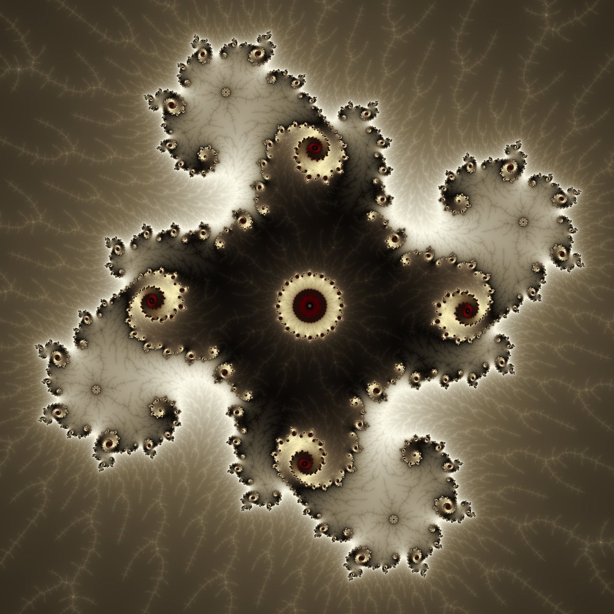 Located deep in the mystical universe of the Mandelbrot Set fractal, this formation of intricate vortex structures likely spirals to infinity - the only way to know is to plunge its unknowable depths. 
Ξ0.055 OpenSea: bit.ly/3FLqP4x