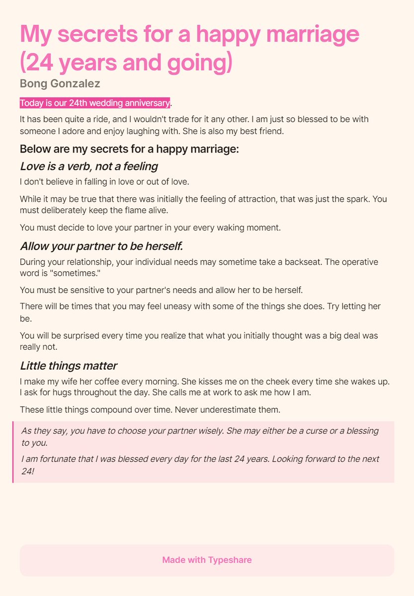 bonggonzalezph's tweet photo. My secrets for a happy marriage (24 years and going).

Day 22  of #ship30for30 
@dickiebush @nicolascole77 https://t.co/shQczgGI04