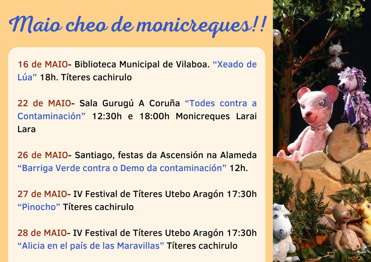 Cachirulooo's tweet image. Aquí vos deixamos as funcións que quedan neste mes de maio!! 

Moitos monicreques en diferentes recunchos para que non falten os sorrisos de grandes e pequenos 👧🏽🧒🏼 

Tomade boa nota!! E ide facendo oco nas vosas axendas 🤣

#monicreques #titeres #cultura #nenosenenas #Galicia