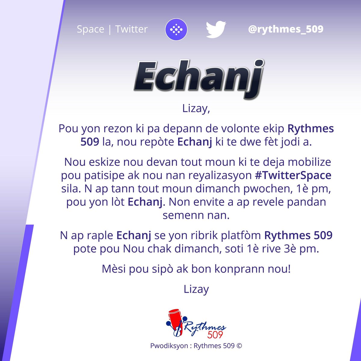 rythmes_509's tweet photo. Nòt ekskiz | #Rythmes509 | ECHANJ https://t.co/iVi5rpNkam