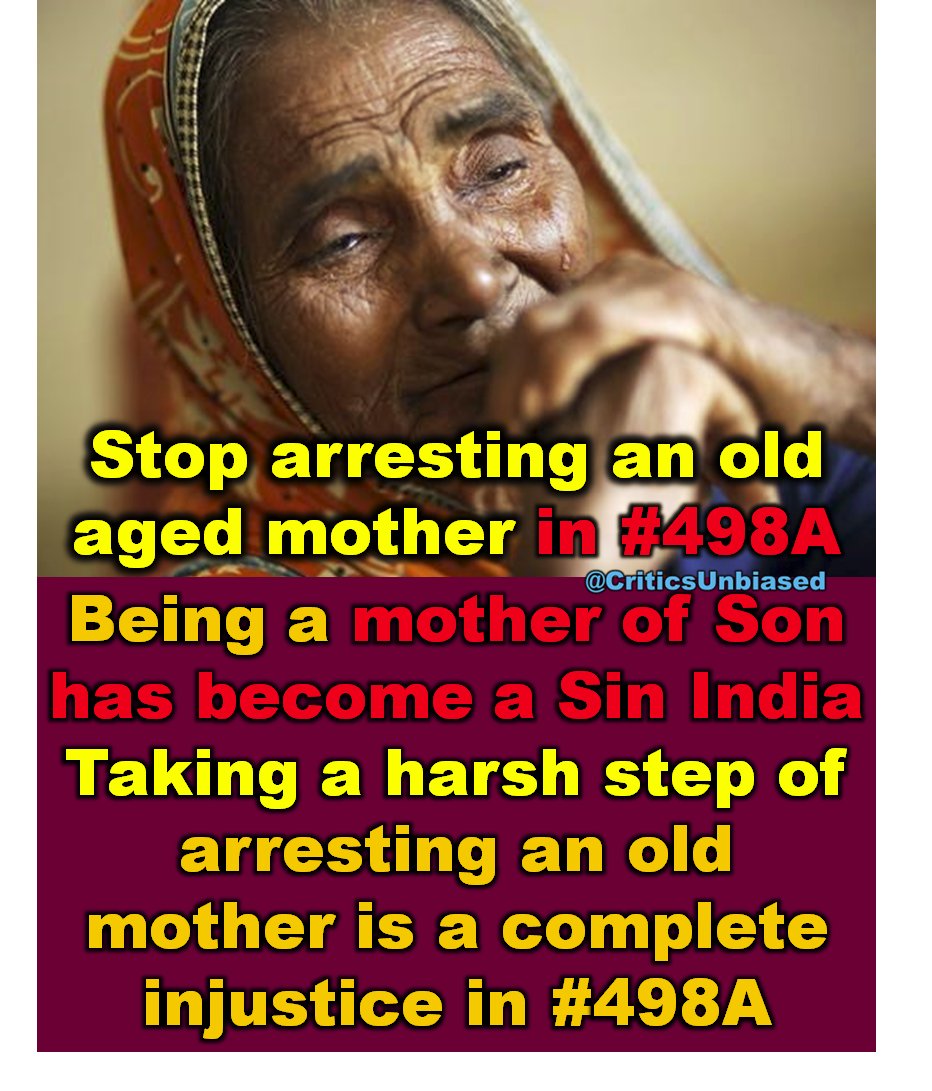 #SaveMotherFromPolice
Stop arresting an old aged mothers in #498A 
Being a mother of Son has become a Sin India 
Taking a harsh step of arresting an old mother is a complete injustice in #498A

<a href="/harawal_malik/">Harawal_Nyas_Malik</a> <a href="/TelanganaCMO/">Telangana CMO</a> <a href="/TelanganaCOPs/">Telangana Police</a> <a href="/KTRTRS/">#RAMpage</a> <a href="/CPHydCity/">CP Hyderabad City Police</a> 
#Hyderabad