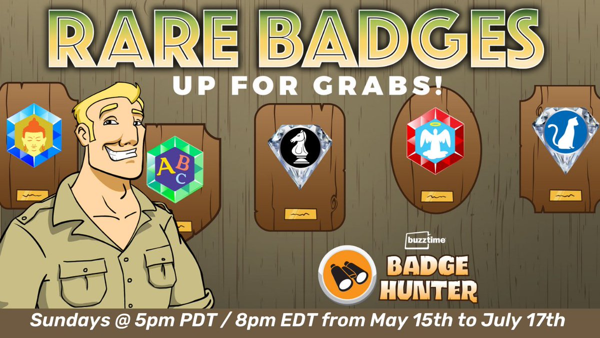 Buzztime's tweet photo. Are you ready to go on the hunt for the rarest badges Buzztime has to offer?
Badge Hunter is back tonight!
Join us every Sunday at 5pm PDT/ 8pm EDT until July 17th to chase after some of Buzztime’s treasured badges.
Time to join the hunt!
#BadgeHunter #Buzztime #Trivia https://t.co/zJWfMAmPOy