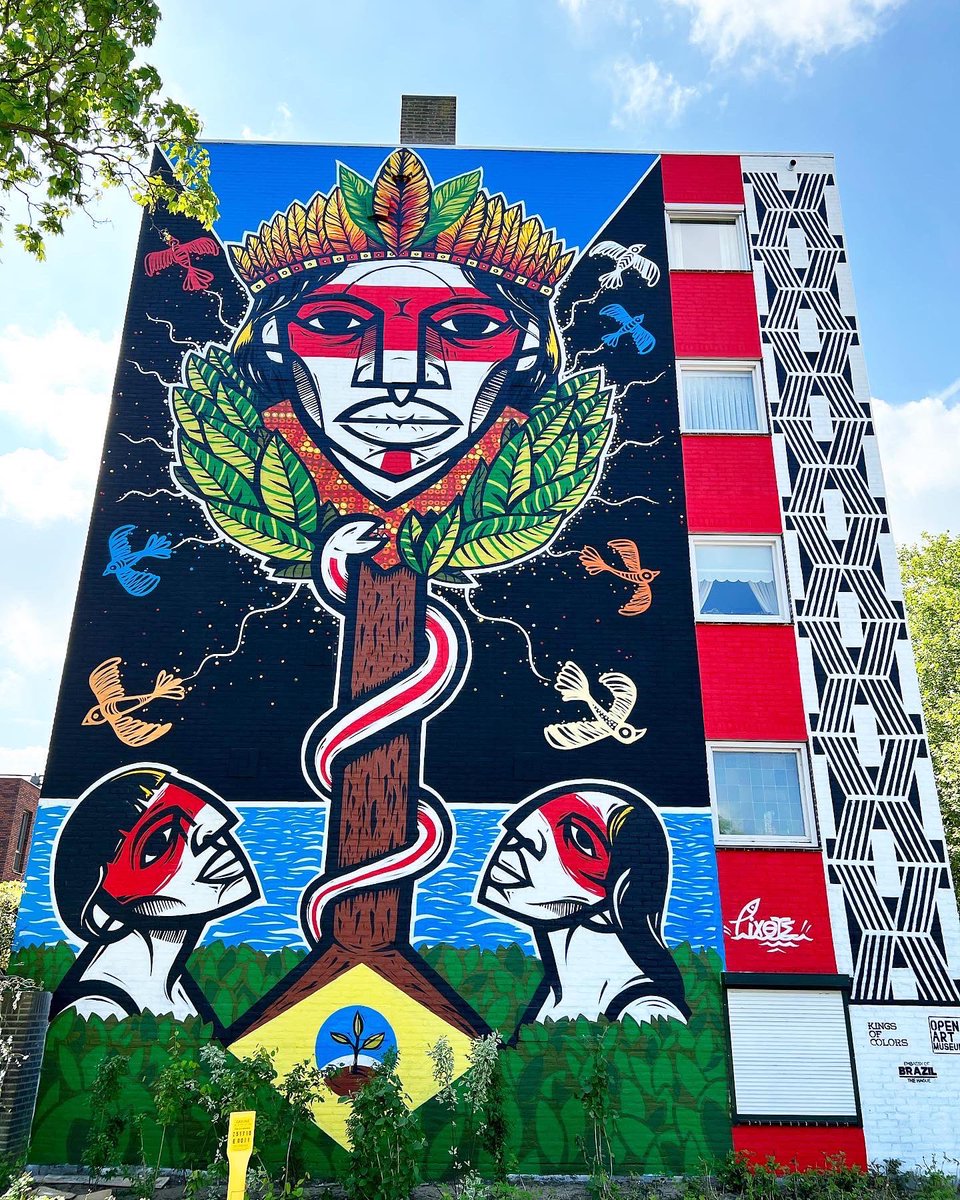 We are happy to reveal the final result. A wonderful mural by Brazilian artist <a href="/Pixotte/">Pixote Mushi</a> who for the first time leaving brazil leaves his mark in The Netherlands. #streetart #indigineous #art #graffiti #mural #culture #tradition #travel <a href="/govbrazil/">Government of Brazil</a> <a href="/streetartUS/">street art usa</a>