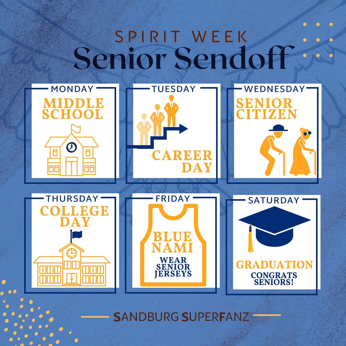 ATTENTION SENIORS!! Here are the spirit days for our last week of high school! Dress up and tag us in your posts! (This is a seniors only spirit week) <a href="/SandburgHS/">Carl Sandburg H.S.</a>