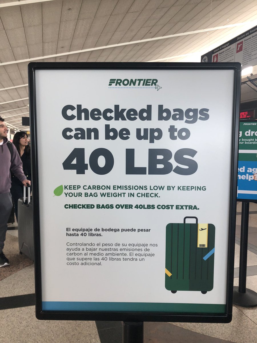AnnMcLeod's tweet photo. @FlyFrontier thought 3: Saying this is for “green” purposes is crap - people just check more bags or their carry-on gets heavier. I checked two bags instead of one. https://t.co/k7Dklc5j94