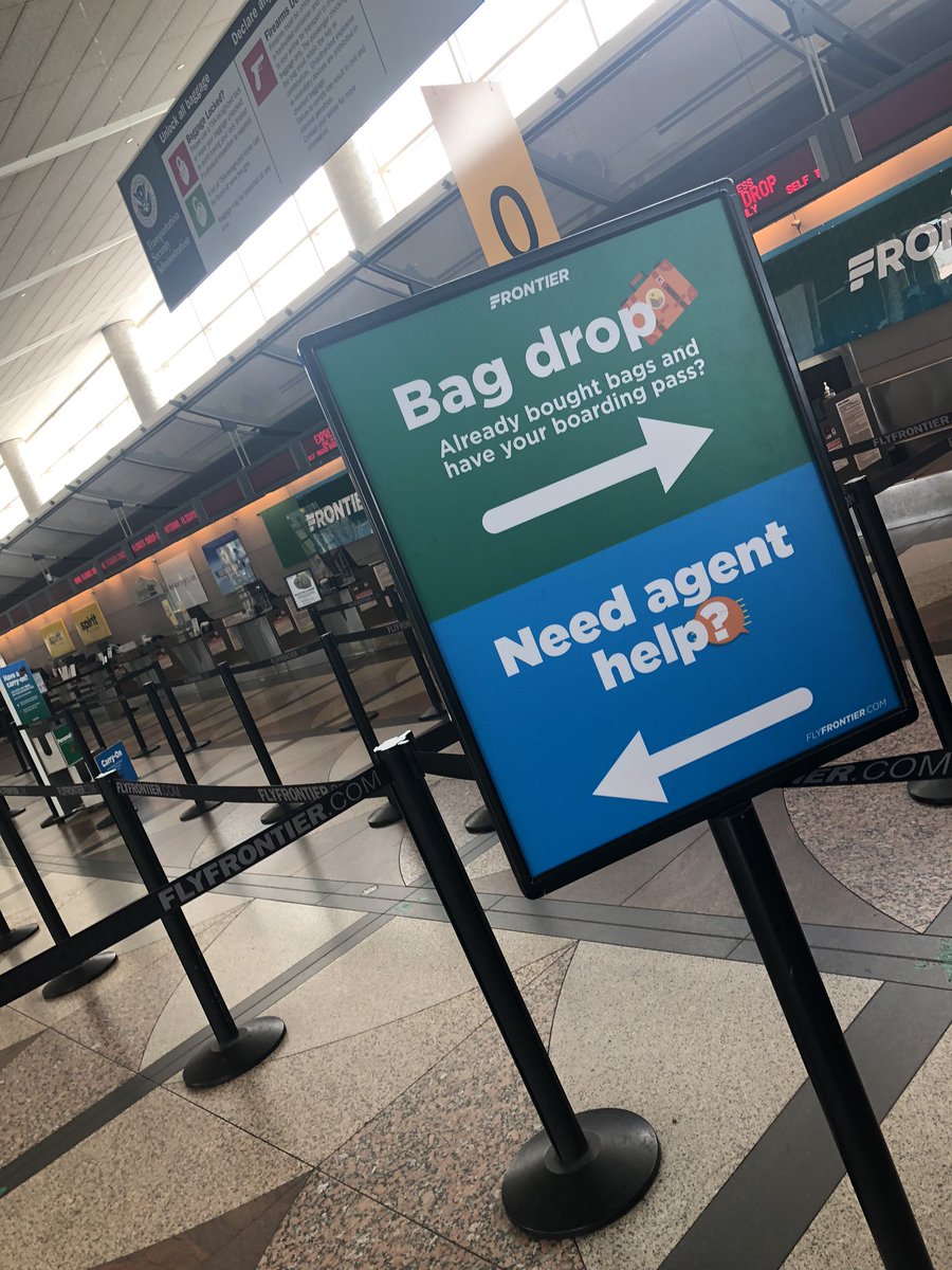 AnnMcLeod's tweet photo. @FlyFrontier thought 4: staff up…both the depart and return you did not have a dedicated bag drop line open and also everyone was up there w an agent rearranging luggage due to this policy https://t.co/07gi3booUV
