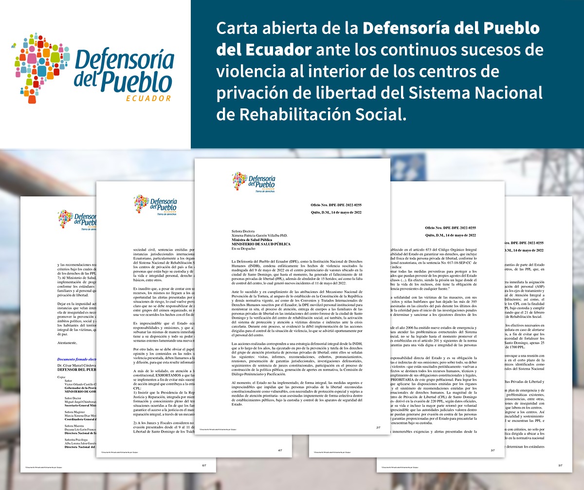 DEFENSORIAEC's tweet photo. Carta abierta | La #DefensoríaDelPueblo ante los continuos sucesos de violencia al interior de los centros de privación de libertad del Sistema Nacional de Rehabilitación Social. Más detalles: https://t.co/xTVOQRTXPB https://t.co/m6OXL1vMge