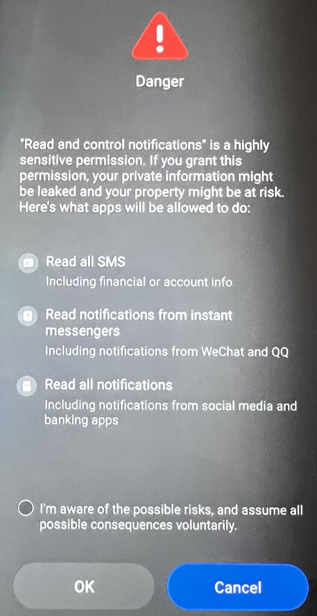 kimmorousku's tweet image. Kokeilin tartuttaa #Android-puhelimeeni #Flubot-haitakkeen. Ei ollut helppoa, piti hyväksyä useita varoituksia, mutta sain saastutettua! 
Haitake otti mm. tekstiviestit haltuun eikä päästänyt enää yhtään viestiä läpi. Koska osoitekirja oli tyhjä, ei levinnyt. #Freedom tunnisti 👍