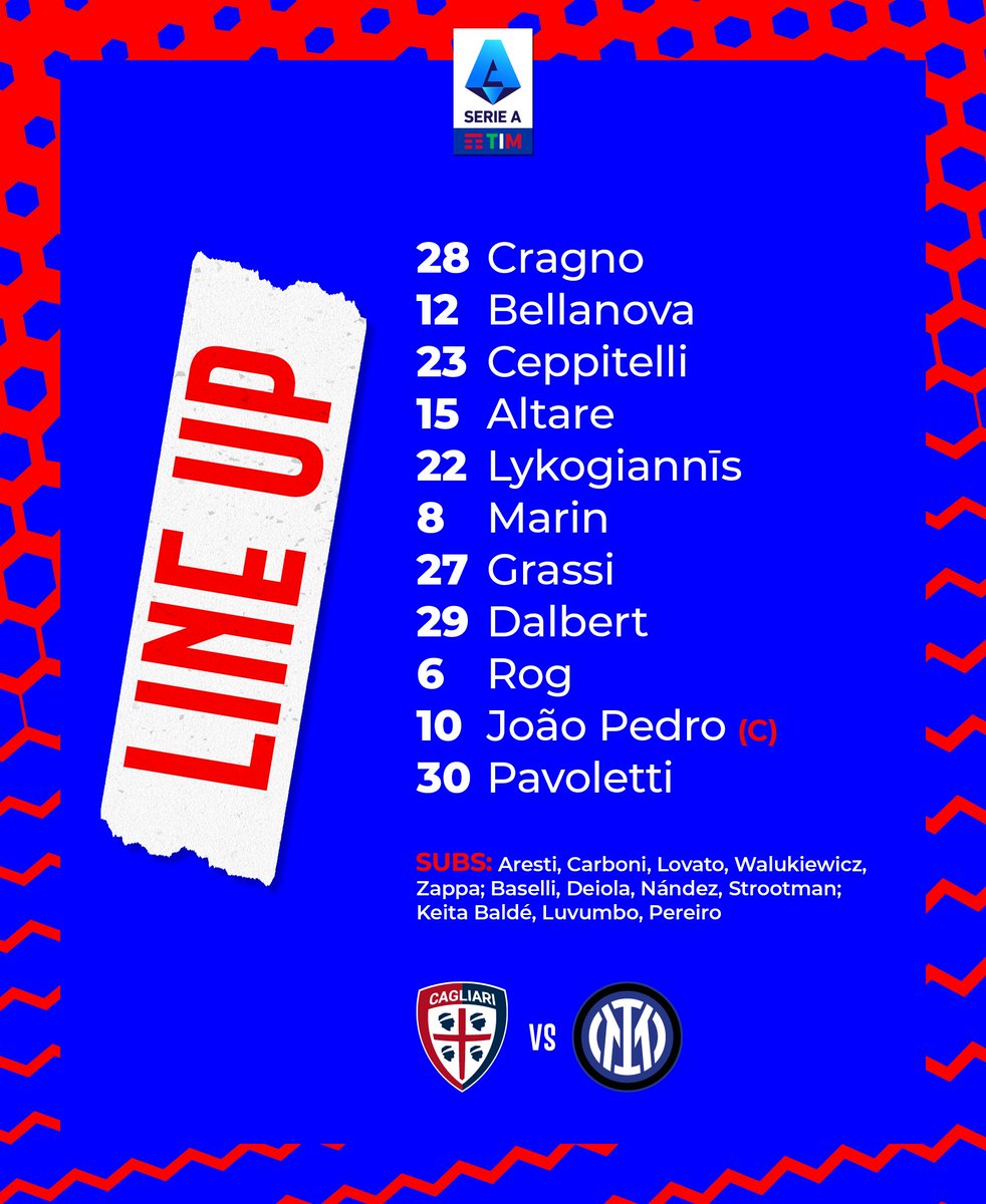 CagliariCalcio's tweet photo. 📋 | FORMAZIONE

ORA. TOCCA. A. VOI.
FORZA CASTEDDU 🔴🔵

#CagliariInter https://t.co/Y1DuVl9dJ2