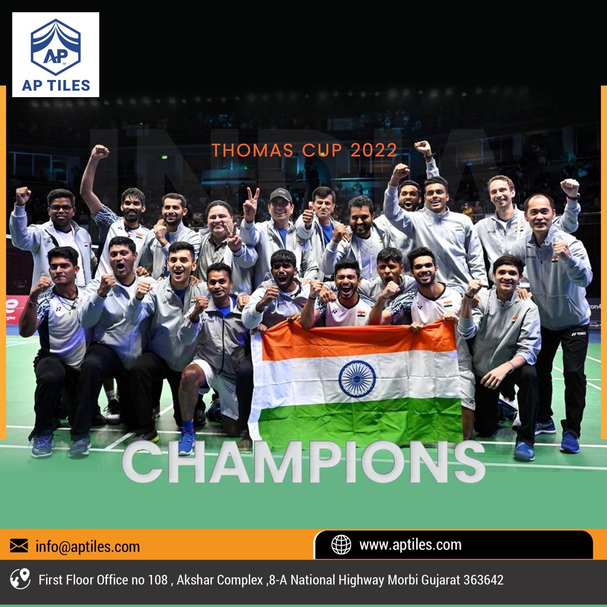 ApCeramic's tweet photo. Congratulations to #TeamIndia for winning the prestigious Thomas Cup by registering a historic win in Men's Badminton. This phenomenal victory is an inspiration for the youth of the nation. #ThomasCup2022 #ThomasCupChampions https://t.co/YUFISGD6fn