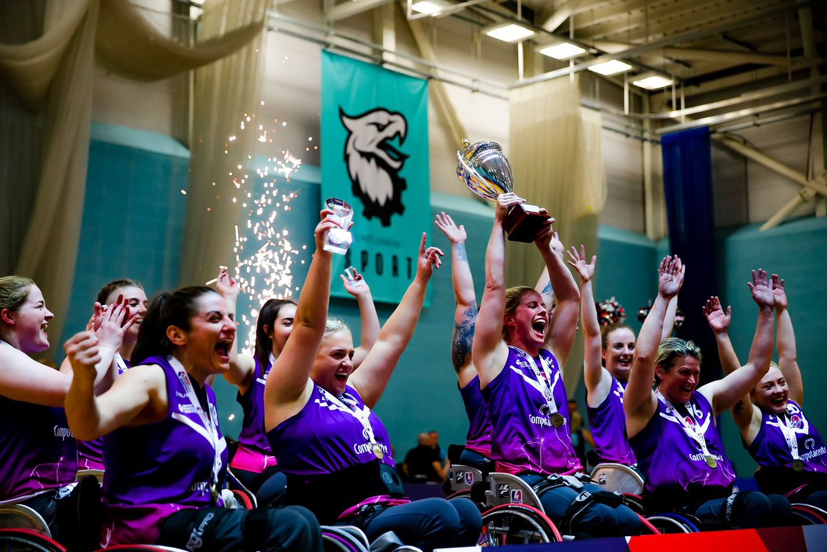 LboroSport's tweet photo. @LightningWBBL make history by lifting the first EVER trophy of the @BritWheelBball Women’s Premier League!⚡️

🏆1st place &amp; undefeated, regular season 
🏆1st place &amp; undefeated, play-offs

Lightning Wheelchair Basketball are proudly sponsored by @ComputacenterUK 💙 https://t.co/lBjliCt0Hf