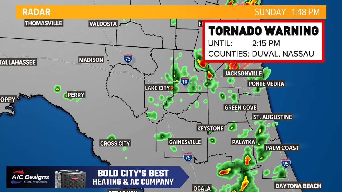 FCN2go's tweet image. WEATHER ALERT: A Tornado Warning has been issued for northeast FL. Track storms: fcnews.tv/23wx977 #FCNStorm