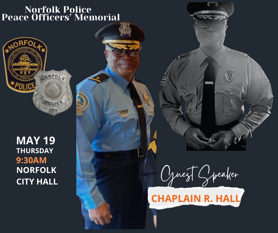 NorfolkPD's tweet photo. Meet #NorfolkPD #policechaplain
Ronnie Hall!
The #servant leader& #retiredmarine will deliver the #PoliceOfficerMemorial address,Thurs,May 19,9:30am at #NorfolkVA City Hall!
Hall is a dynamic speaker with a #messageofhope. #fallenheroes
#usmarines
#USMC @NorfolkVA https://t.co/wqUx9TLDJi