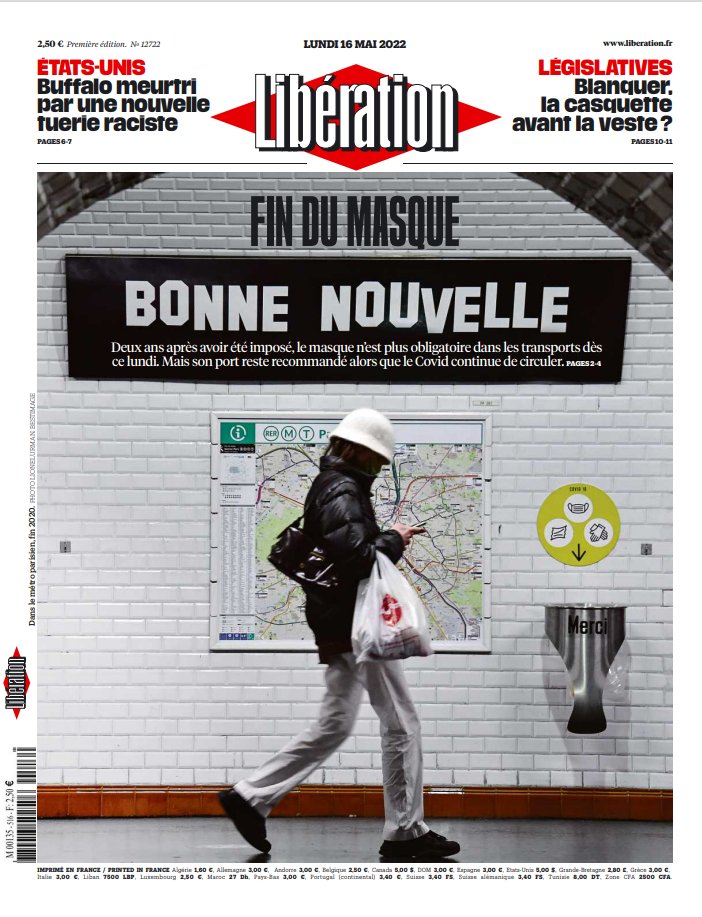 libe's tweet photo. À la une de @libe ce lundi : 

😷 Fin du masque, bonne nouvelle

https://t.co/nj2k4mQp7h https://t.co/fl8vB74zfu