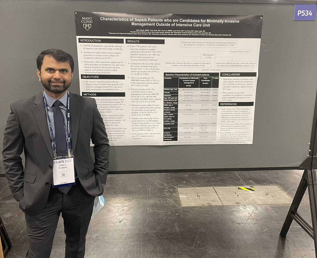 AWahabMD's tweet photo. Excited to present our research on Minimally invasive Sepsis management, join us at Hall F, area G #ATS2022  @ogi_gajic @dongyue @MayoPCCM @atsearlycareer https://t.co/6DKFmhGf0H