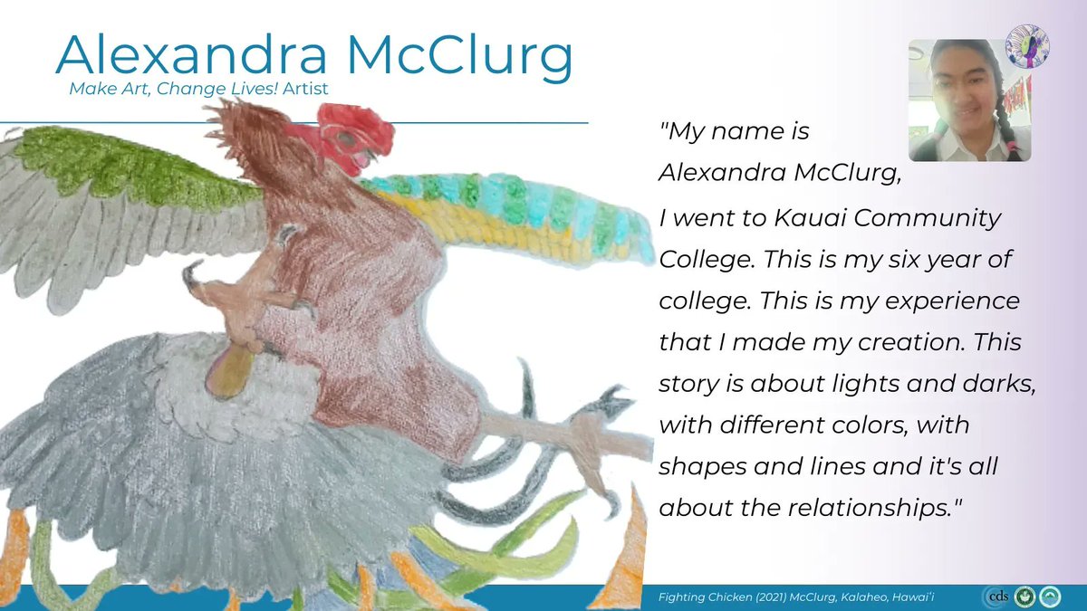 CDShawaiiedu's tweet photo. "My name is Alexandra McClurg. This is my experience that I made my creation. This story is about lights and darks, with different colors, with shapes and lines and it's all about the relationships” https://t.co/RGnSYw2DhB
#Art #ArtistWithDisabilities #Hawaii #MACL https://t.co/X5LDUpqPg5