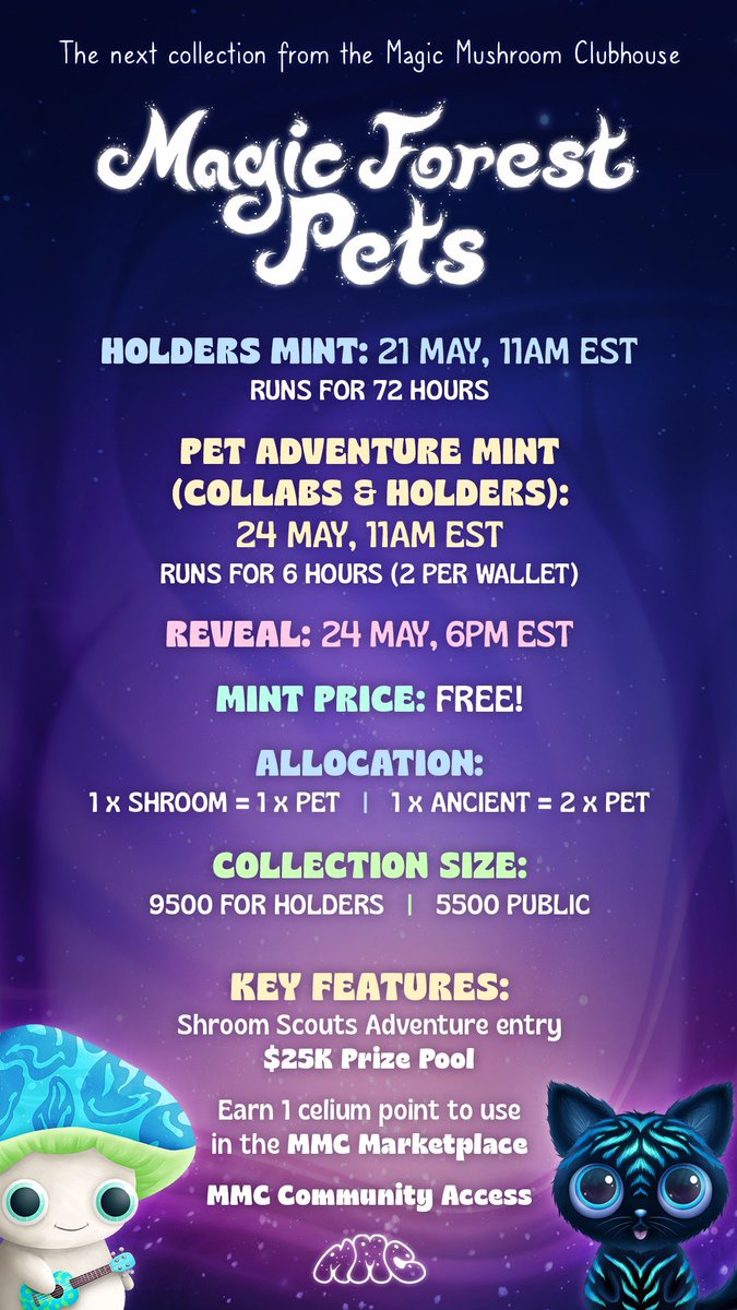 Fresh Collab w/ MMC we're giving away 25 free mints for their upcoming #ShroomScouts and #MagicForestPets!

Follow <a href="/reef_game/">Reef Game (🐠,🦈)</a> &amp; @MushroomClubNFT 

Like, Retweet &amp; Tag 3 Frens! 

Join their Discord &amp; explore all of the events planned! 
discord.gg/magicmushroomc…

#freenft #giveaway