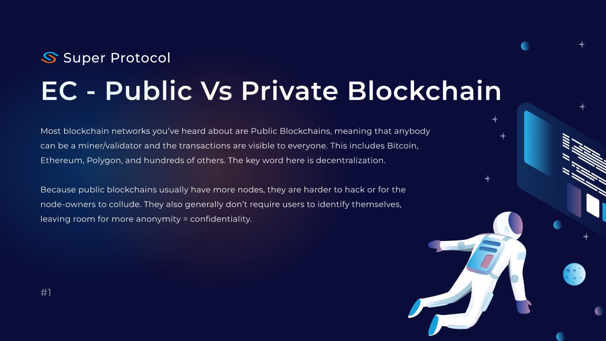 super__protocol's tweet photo. Today is Sunday, Supers! Which means that it is time to #learn something #new 🎓
💥 Here’s next #EducationalCard. Today, we’re talking about the difference between #PUBLIC AND #PRIVATE #BLOCKCHAIN ⛓
#SundayLearnDay #SuperProtocol https://t.co/hJyWyhMoKN