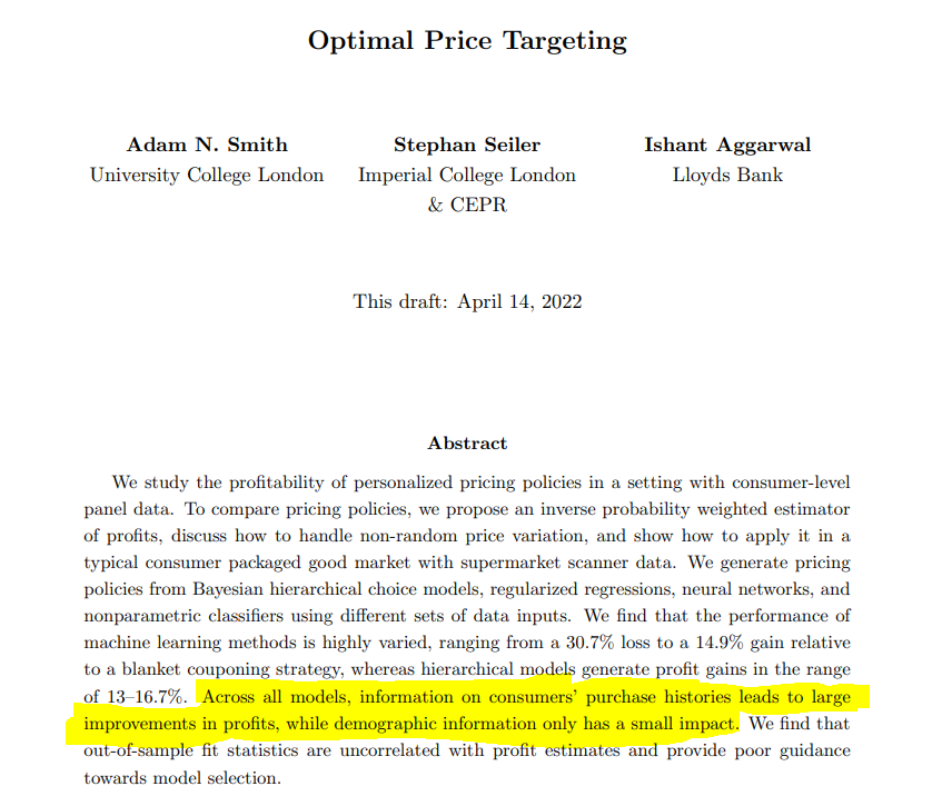 SeilerStephan's tweet image. 💯
In a recent paper we show that this holds even when using sophisticated ML models for targeting. Across all models purchase histories are much more helpful for profitable price targeting than demos.