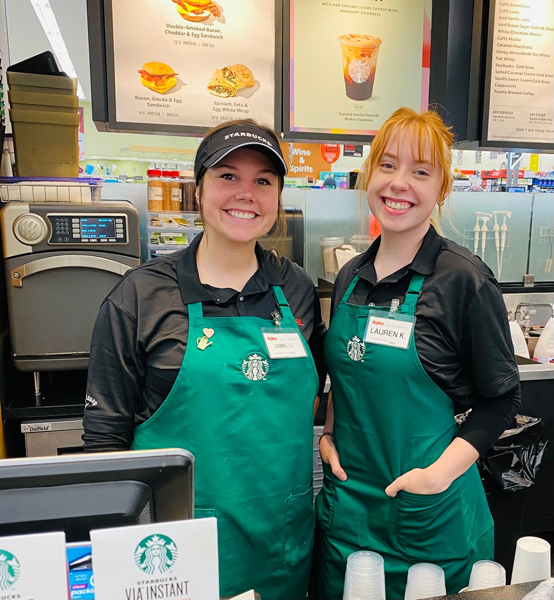 IndianolaHyVee's tweet photo. We have some awesome new smiles over in our Starbucks! Please help us welcome Jamie &amp; Lauren to our Indianola Hy-Vee team. Welcome Jamie &amp; Lauren ☕️🥳 #indianolahyvee https://t.co/bMu7WBAJqy