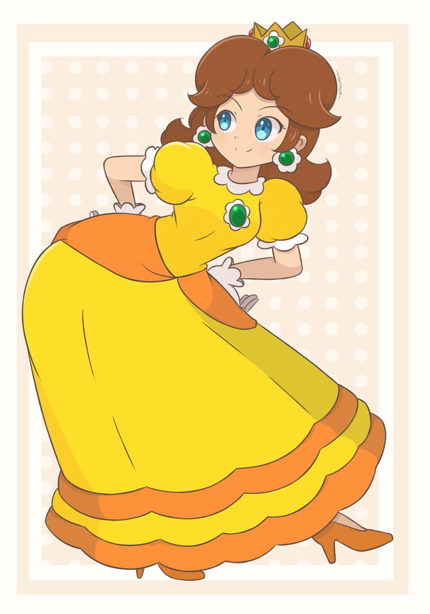princess daisy 1girl jewelry brown hair earrings dress solo blue eyes  illustration images