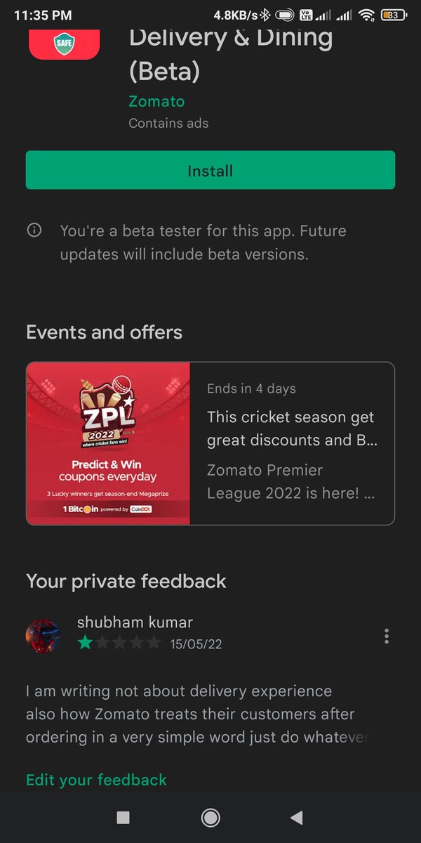 shubi77's tweet photo. @zomatocare @zomato the reason of installing https://t.co/Nr1NisI5wN