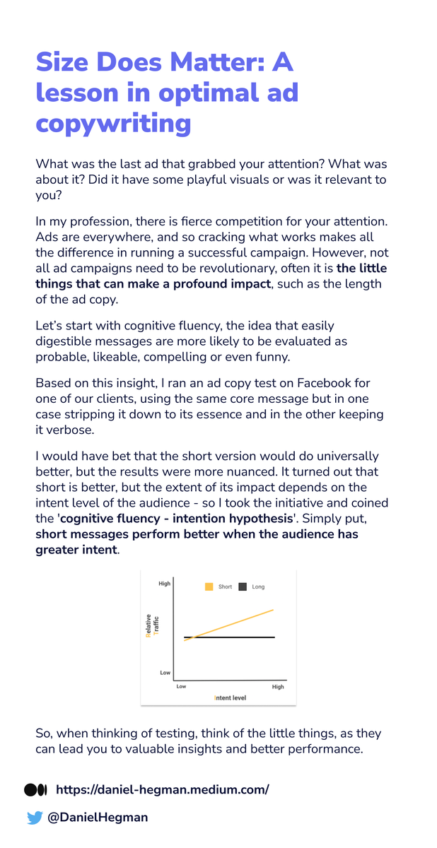 DanielHegman's tweet photo. Day 1 - Looking at the impact of ad copy length in social advertising. Find out if it makes a difference at all #DigitalMarketing #BehaviouralSciences #AdcopyWriting https://t.co/pWVyBZtOA3