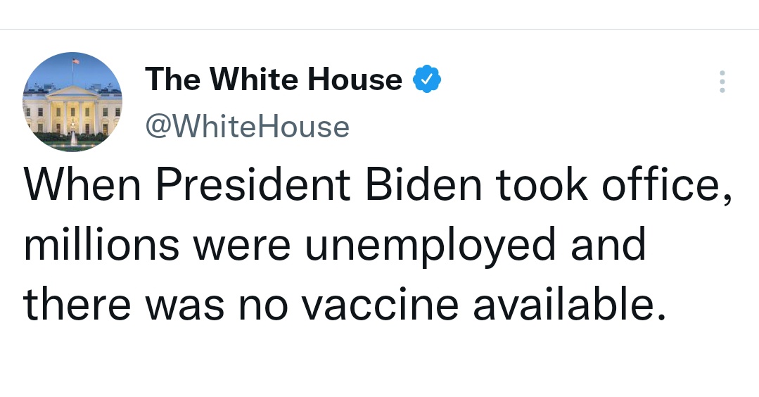 No vaccine available when Biden took office? This is a blatant lie! Shouldn't the White House account be suspended for spreading Covid misinformation?