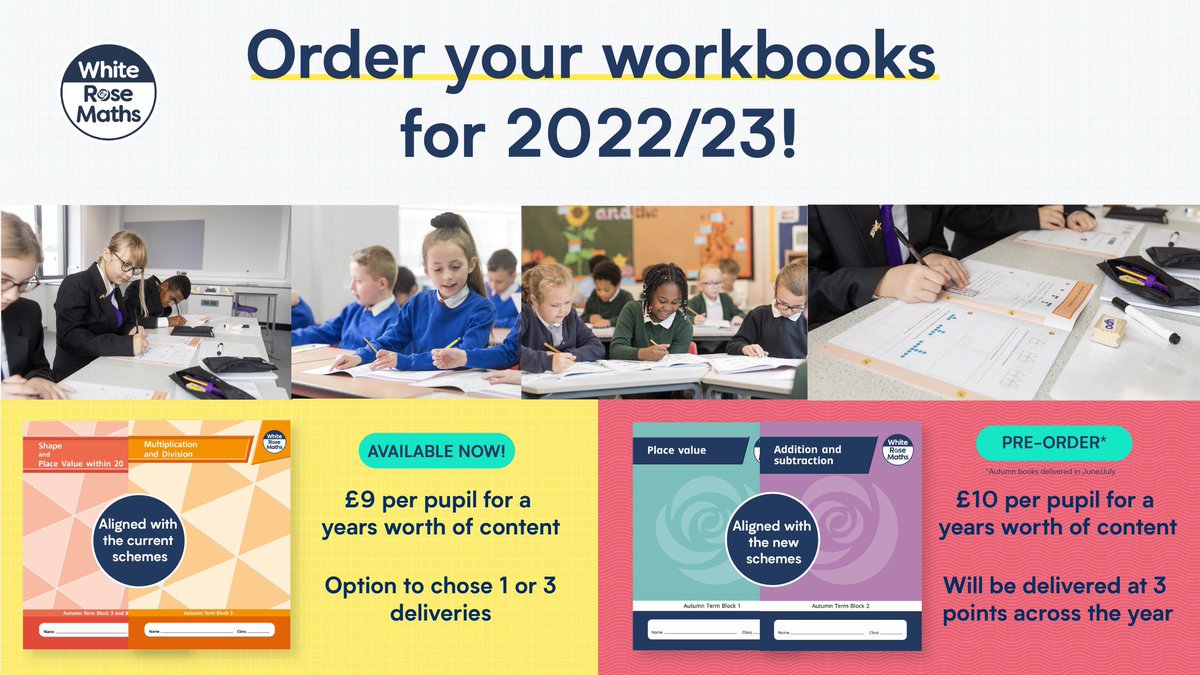 Our NEW workbooks, that align with our new primary schemes of learning, are available for pre-order tomorrow at 8am! 📚

Autumn workbooks will be delivered in late June or July, ready for the new academic year 🤓

Click below to order👇

whiterosemaths.com/products?page=1