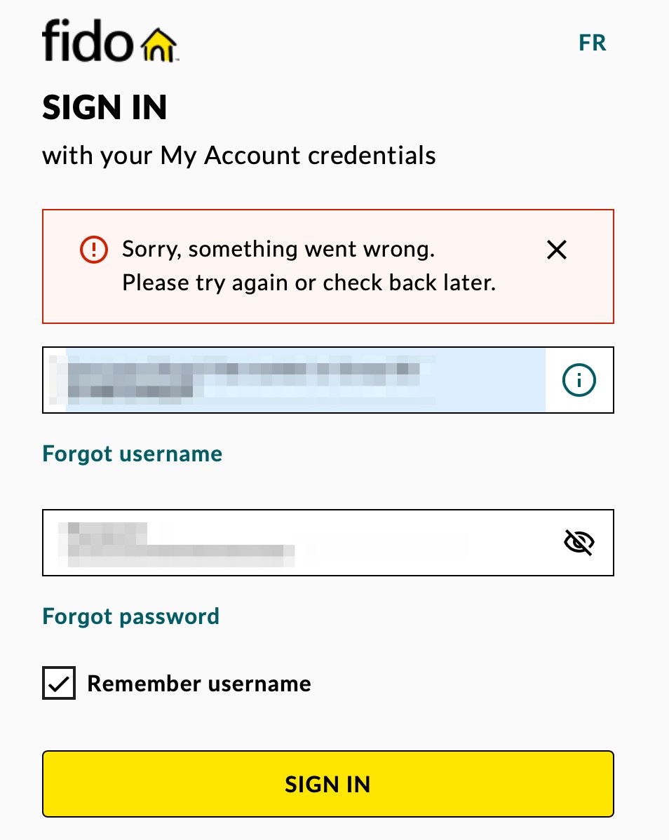 luclemo's tweet photo. @FidoSolutions Been trying to access my account (website and mobile app) for hours. Even reset password but keep getting error. Any idea what's going on? https://t.co/l4gMayAYrY