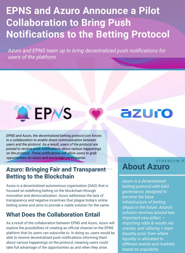 hamzaumer33's tweet photo. 📢 #epnsproject Announces
A partnership with
@azuroprotocol
to introduce push notifications to the betting protocol! 🤩🙌
Azuro users will soon be able to receive notifications from #EPNS regarding various protocol events.
🌐 https://t.co/GJuP5CcVmB
$PUSH #Crypto https://t.co/MtUNa4cPYK