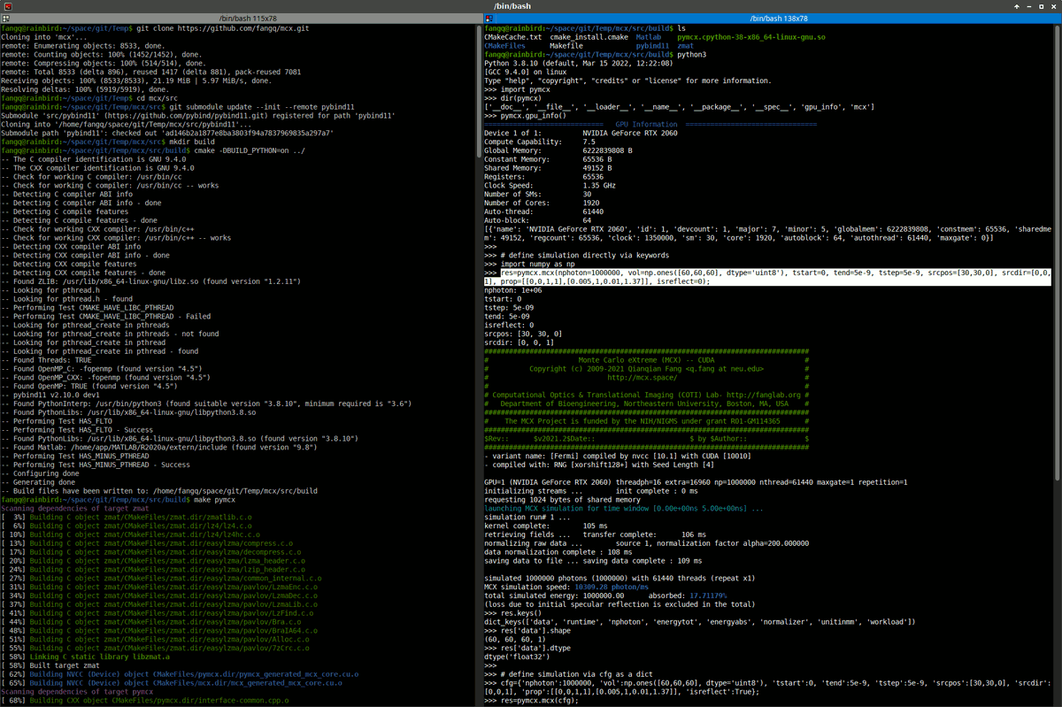 FangQ's tweet image. Official MCX python binding #pymcx has been merged on github, thanks to our talented PhD student @matinraayai

github.com/fangq/mcx/pull…

Everything is in-memory, just like #mcxlab. call pymcx.mcx() with cfg-like keywords or a dict. Output volume is a numpy array or array.array.