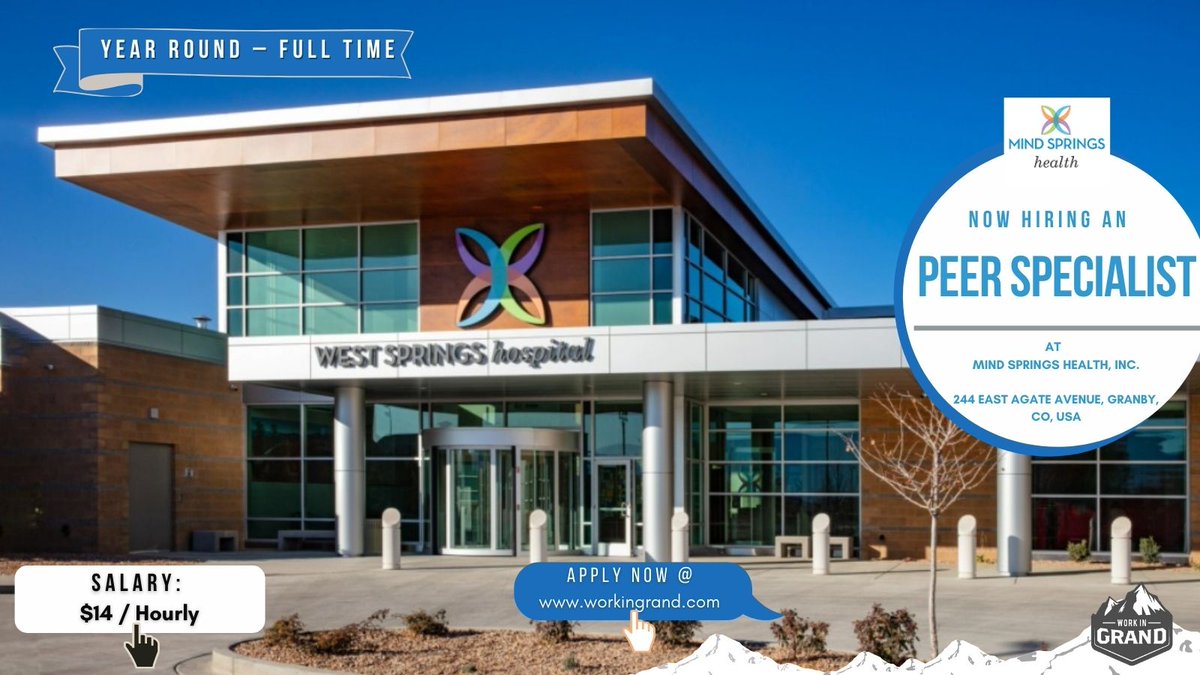 WorkInGrand's tweet photo. Mind Springs Health & West Springs Hospital is hiring for a Peer Specialist
#applynow : https://t.co/BrwQhIQxND
#Jobs #coloradojob #healthcare #healthjob #SocialServices #hospital #patients #Services #PeerSpecialist #workingrand #mindspringhealth #supervision https://t.co/soW69ZE5SJ