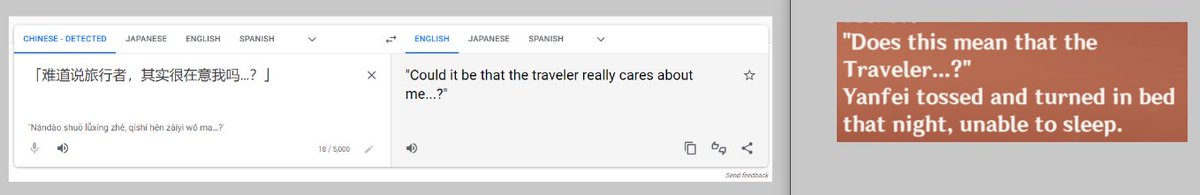 DrIsaac25's tweet photo. So here's something interesting:

In the CN dialogue Yanfei says: "Could it be that the traveler really cates about me...?"

But strangely in the EN dialogue the last part was omitted.

Wonder why 🤔

#Aether #Yanfei #Aefei https://t.co/SH2wEqD2CK