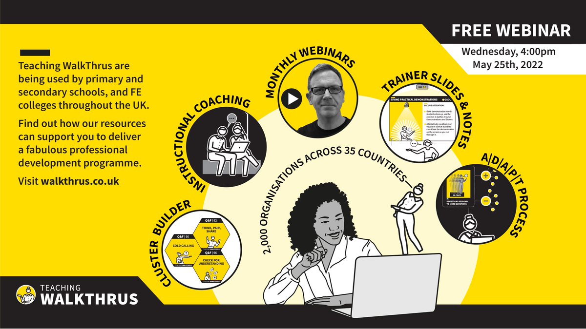 WALKTHRUs_5's tweet photo. May 25th 4pm.  Free Webinar with @teacherhead and @olicav explaining how @WALKTHRUs_5 works as a toolkit for designing your CPD programmes.  Register here: https://t.co/3mIQ9XGQX6 https://t.co/svjB1debLA