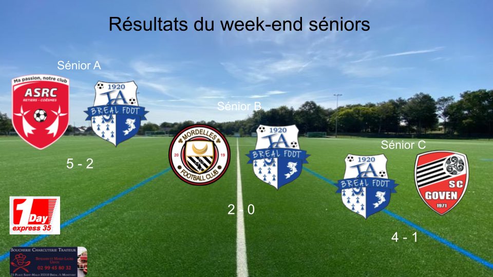 FootJa's tweet image. ⚽️ Résultats séniors 
Dimanche 15 mai

- Sénior A :  Retiers Coesmes 🆚 JA Bréal ❌ 5-2
- Sénior B : Mordelles FC 2 🆚 JA Bréal ❌2-0
- Sénior C : JA Bréal 🆚 Goven SC 2 ✅ 4-1