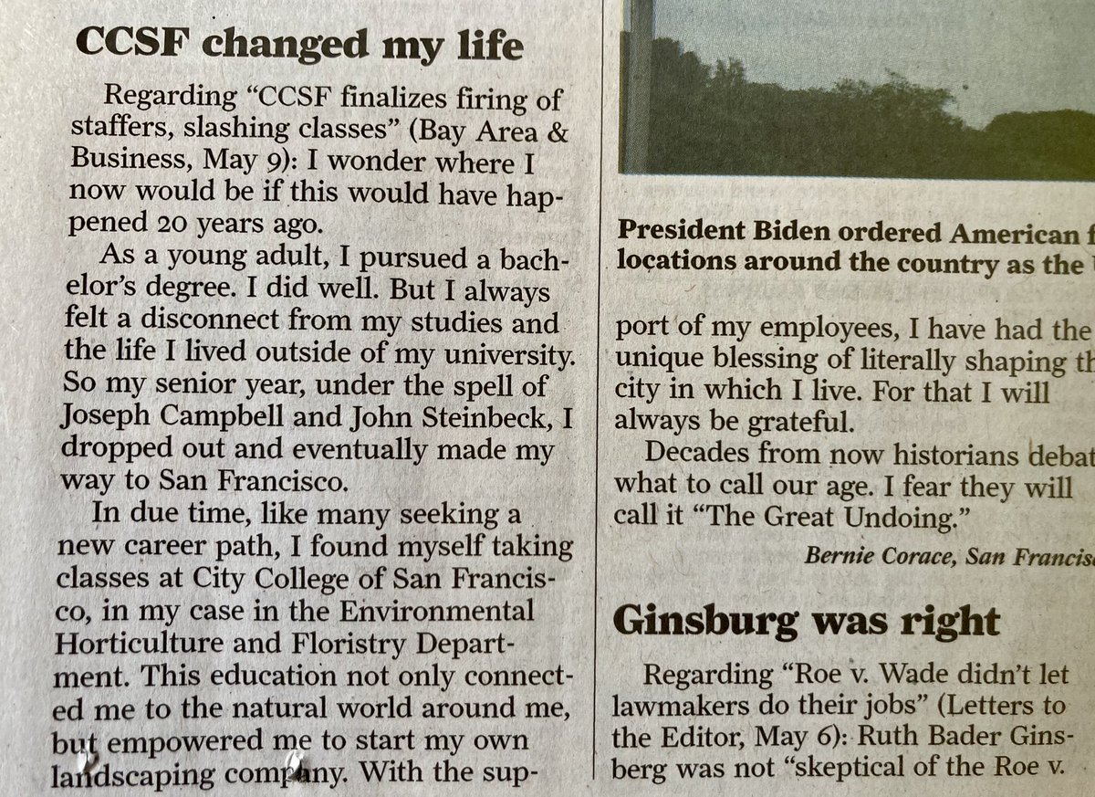 CCSF is the largest workforce training center in the city. It’s changed SF lives for generations, just like Bernie’s story below. But his award winning Floristry program was just cut in half. SF residents deserve a fully funded CCSF, not downsizing. 
sfchronicle.com/opinion/letter…