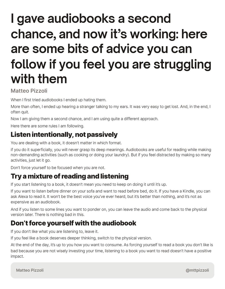 mttpizzoli's tweet photo. Audiobooks are not like listening to the television in the background.

I made this mistake when I first tried them.

Here is what I learned. 👇 https://t.co/LmEFpC14jI