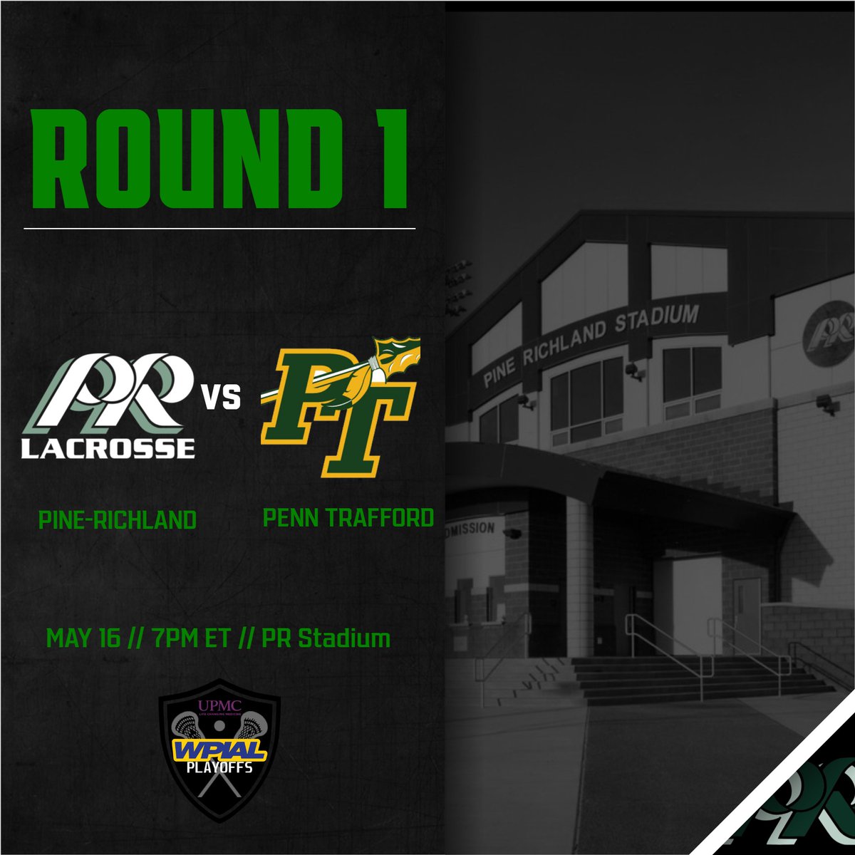 PineRichlandLax's tweet photo. Monday Night Lax... PR will host @PTWarriors in round 1 of the WPIAL Boys Lacrosse Playoffs. C'mon out, and wear your green! 7:00 @ PR Stadium. #wearepr #prlax https://t.co/rF4mabqV7K