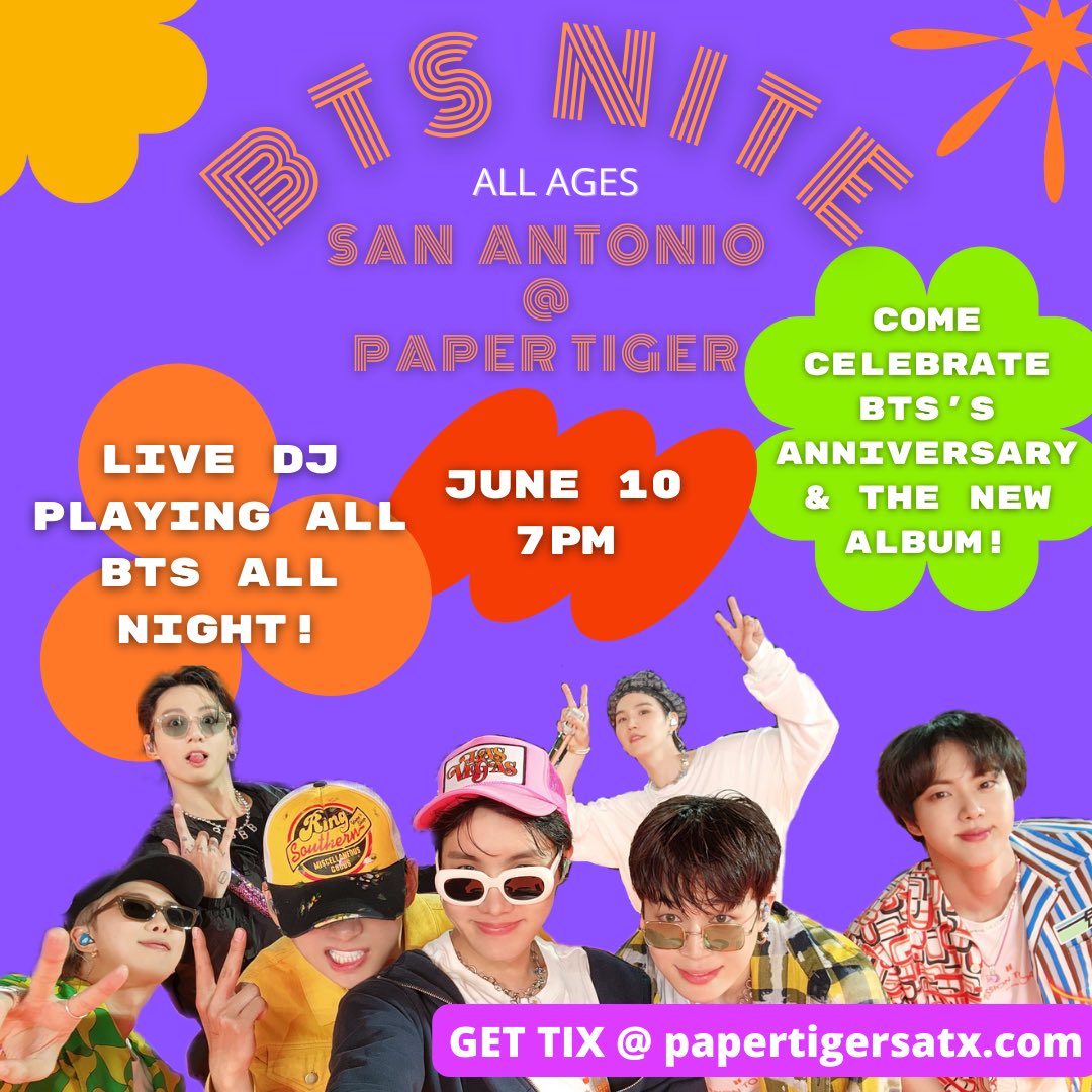 seokjinspjs's tweet photo. CALLING ALL SAN ANTONIO ARMY!! 
tickets are finally live for BTS NIGHT on 6/10! dance to all bts all night to celebrate their 9th anniversary AND the drop of PROOF!! hope to see y’all there! buy tix at the link in the thread 💜
#BTSARMY #BTS_Proof #BTSNITESATX https://t.co/Np6h8SSbsN